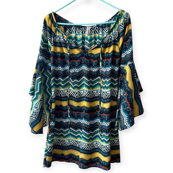 Multicolor geo print boho bell Sleeve Dress - Picture 1 of 7